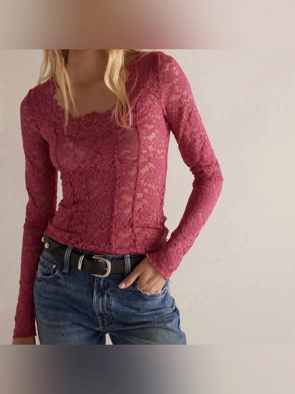 NEW Free People Intimately FP All Night Lace Long Sleeve Stranglove Pink Sheer S